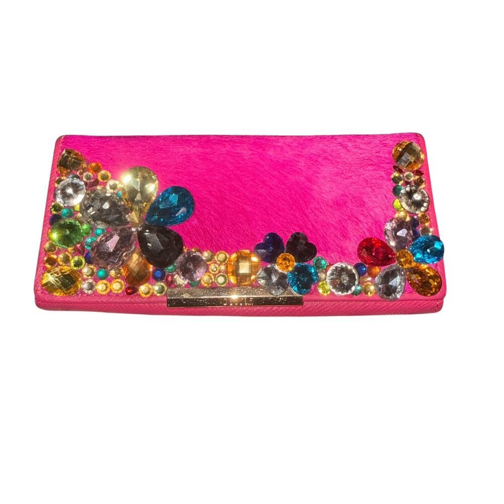 Gaofan Genuine Leather Pink Embellished Rhinestone Jeweled Clutch Wallet